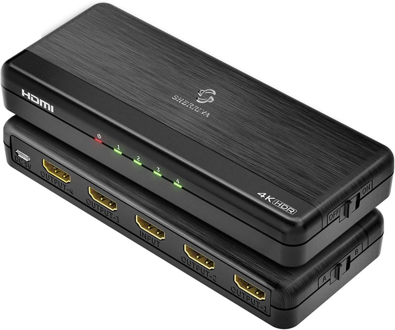SHERRIVA موزع HDMI 4K 1 في 4 مخرج – 4K@60Hz، 1080p@240Hz، تقليل تلقائي، HDR، HDCP 2.3، 18Gbps، EDID، تكرار/مرآة شاشات 4K، متوافق مع التلفاز، شاشات متعددة - Image 1
